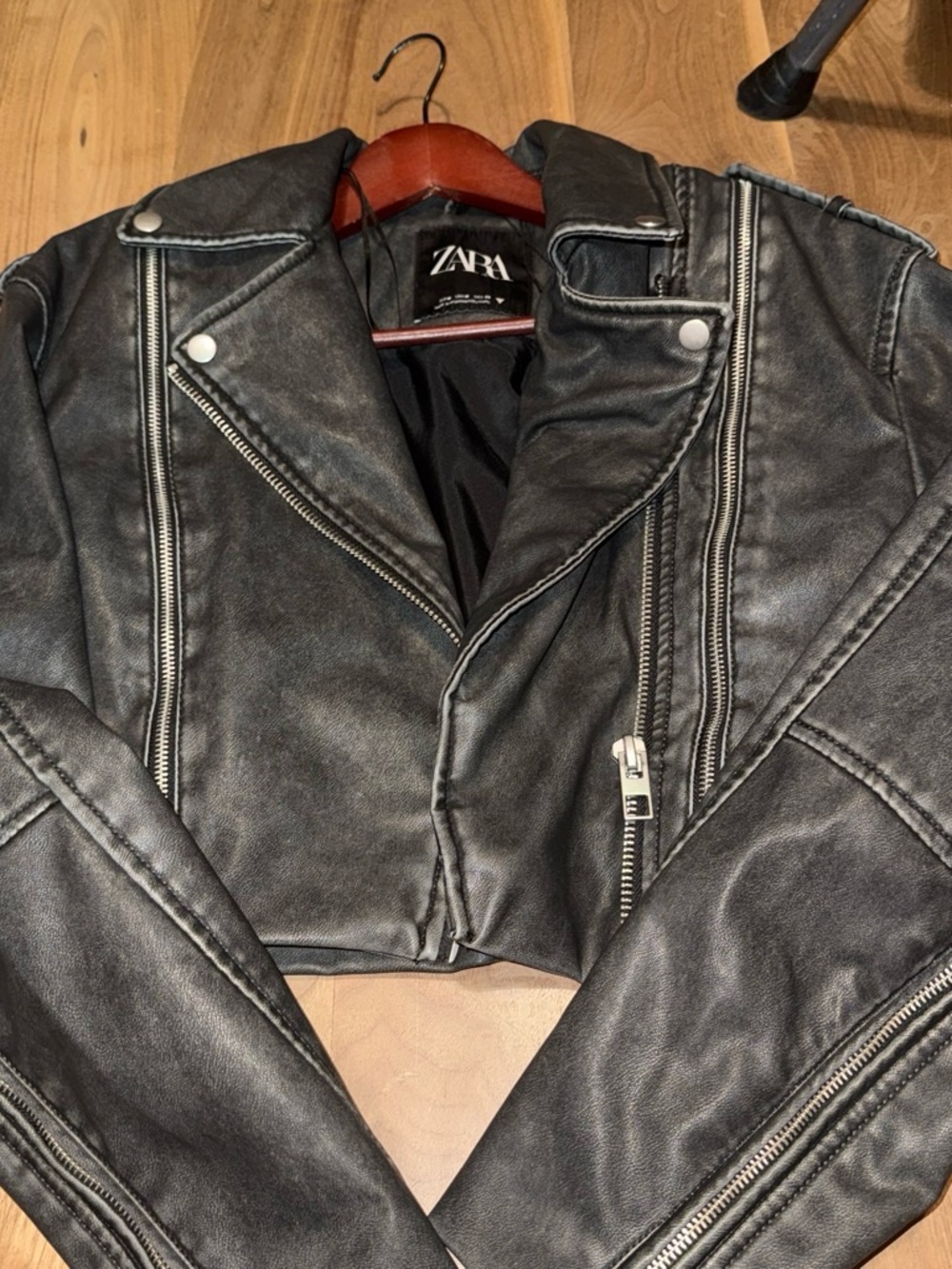 ZARA Black Faux Leather Moto Jacket with Silver Hardware